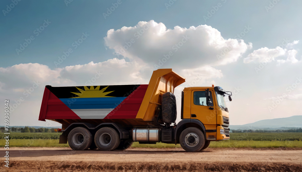 A truck adorned with the Antigua and Barbuda flag parked at a quarry, symbolizing American construction. Capturing the essence of building and development in the Antigua and Barbuda A truck adorned with the Antigua and Barbuda flag parked at a quarry, symbolizing American construction. Capturing the essence of building and development in the Antigua and Barbuda