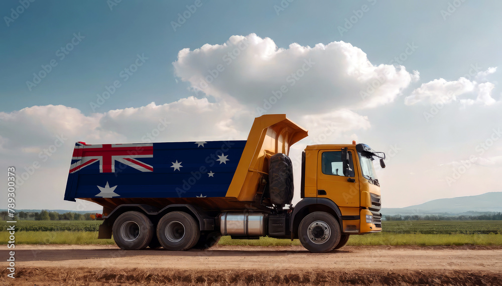 Fototapeta premium A truck adorned with the Australia flag parked at a quarry, symbolizing American construction. Capturing the essence of building and development in the Australia