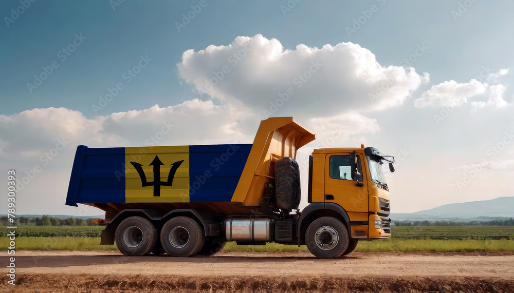 A truck adorned with the Barbados flag parked at a quarry, symbolizing American construction. Capturing the essence of building and development in the Barbados A truck adorned with the Barbados flag parked at a quarry, symbolizing American construction. Capturing the essence of building and development in the Barbados