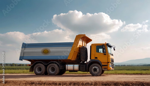 A truck adorned with the Argentina flag parked at a quarry  symbolizing American construction. Capturing the essence of building and development in the Argentina