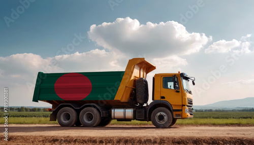 A truck adorned with the Bangladesh flag parked at a quarry  symbolizing American construction. Capturing the essence of building and development in the Bangladesh