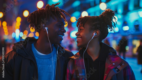 Young couple sharing earphones and enjoying music together at night