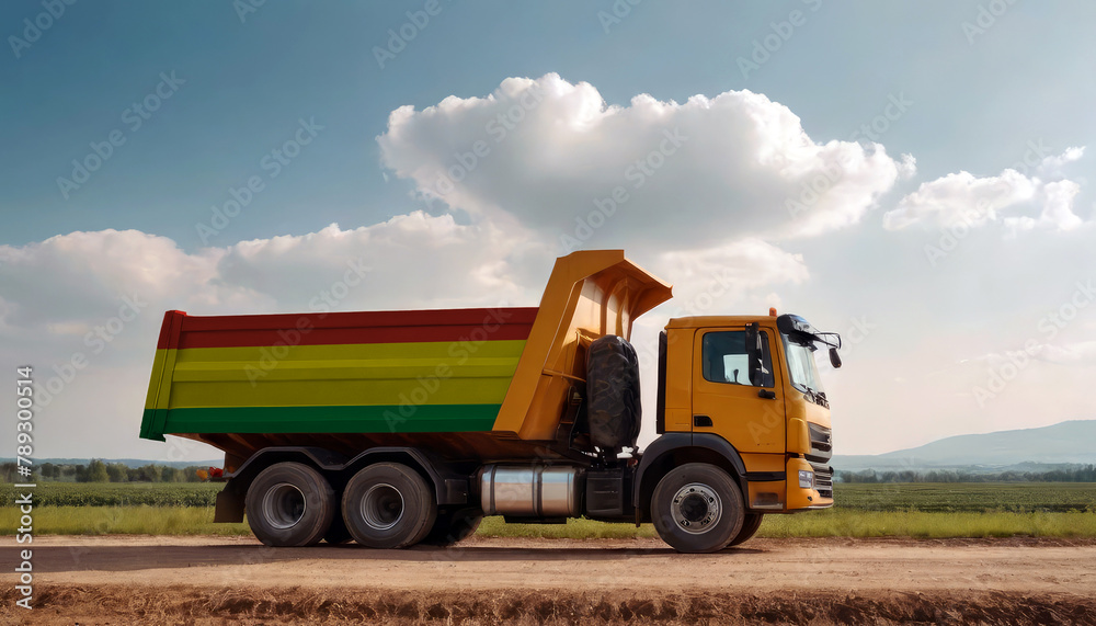 A truck adorned with the Bolivia flag parked at a quarry, symbolizing American construction. Capturing the essence of building and development in the Bolivia