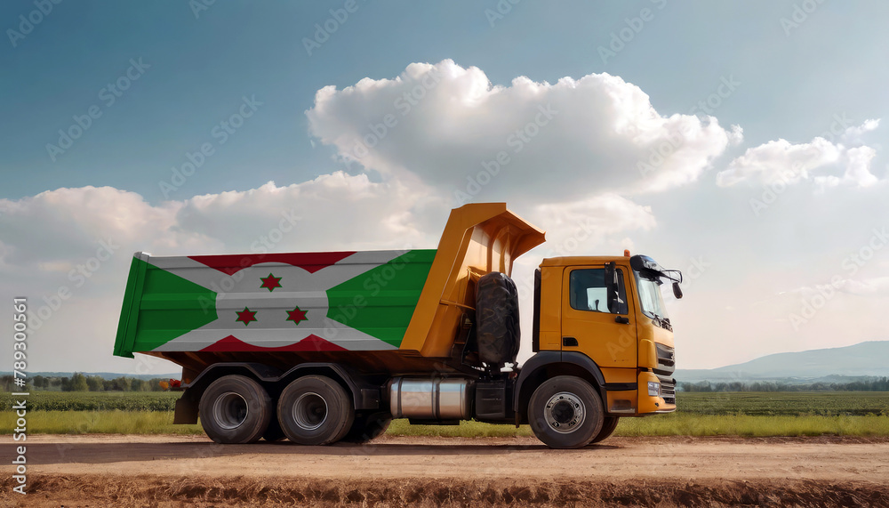 A truck adorned with the Burundi flag parked at a quarry, symbolizing American construction. Capturing the essence of building and development in the Burundi