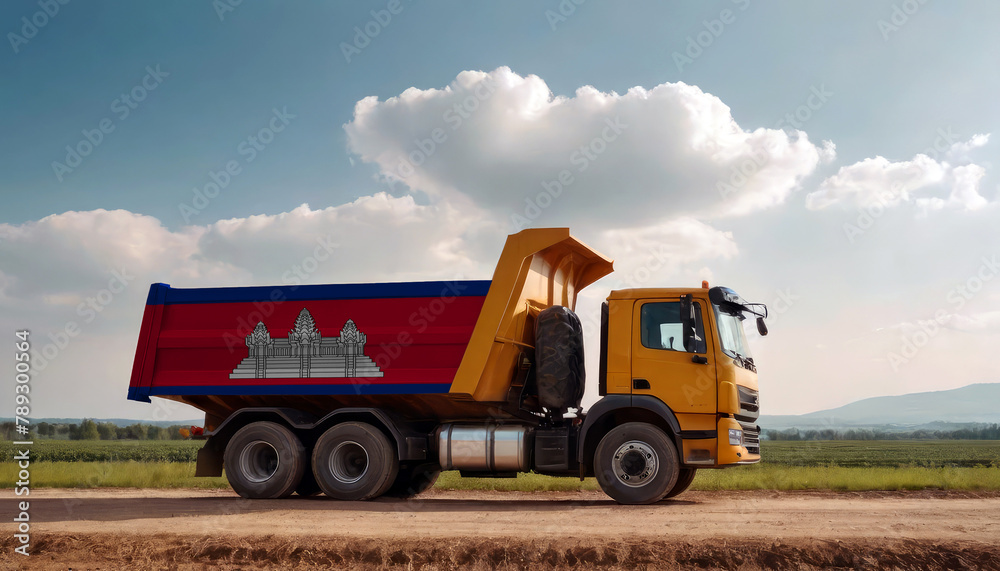 A truck adorned with the Cambodia flag parked at a quarry, symbolizing American construction. Capturing the essence of building and development in the Cambodia