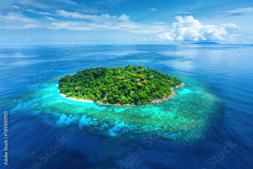 aerial view of tropical islands with clear blue water and lush greenery. perfect natural landscape background for travel advertising or vacation promotion