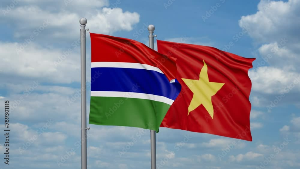 Vietnam and Gambia two flags waving together, looped video Vietnam and Gambia two flags waving together, looped video
