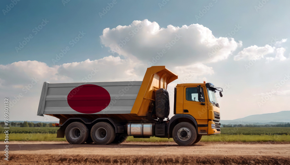 Fototapeta premium A truck adorned with the Japan flag parked at a quarry, symbolizing American construction. Capturing the essence of building and development in the Japan