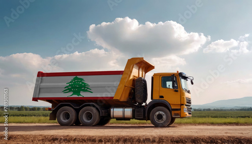 A truck adorned with the Lebanon flag parked at a quarry  symbolizing American construction. Capturing the essence of building and development in the Lebanon