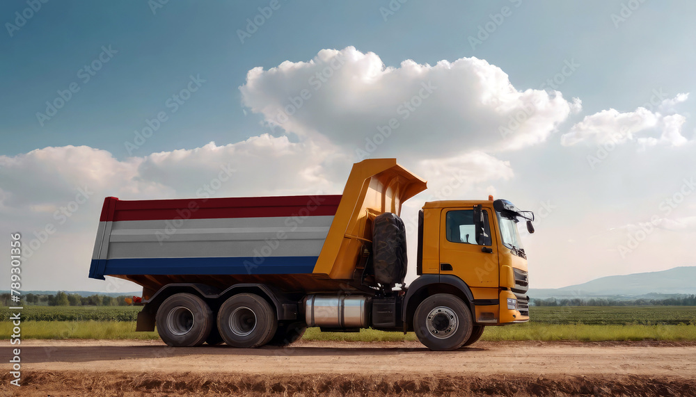A truck adorned with the Netherlands flag parked at a quarry, symbolizing American construction. Capturing the essence of building and development in the Netherlands A truck adorned with the Netherlands flag parked at a quarry, symbolizing American construction. Capturing the essence of building and development in the Netherlands