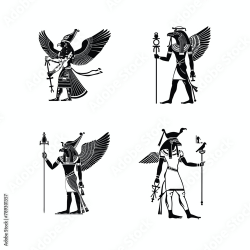 Egyptian god Horus logo icon design template. collection of images of the sacred Egyptian Falcon bird. Animal and human. elegant luxury gold flat vector

