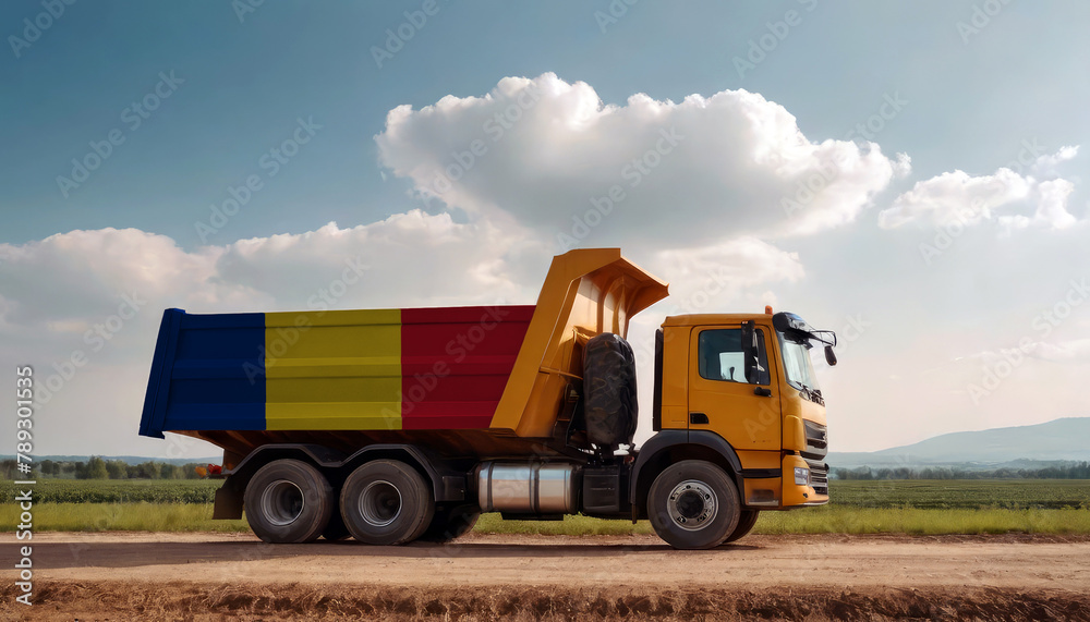 A truck adorned with the Romania flag parked at a quarry, symbolizing American construction. Capturing the essence of building and development in the Romania A truck adorned with the Romania flag parked at a quarry, symbolizing American construction. Capturing the essence of building and development in the Romania