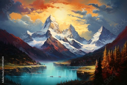 A Painting of a Mountain Range With a Lake in the Foreground