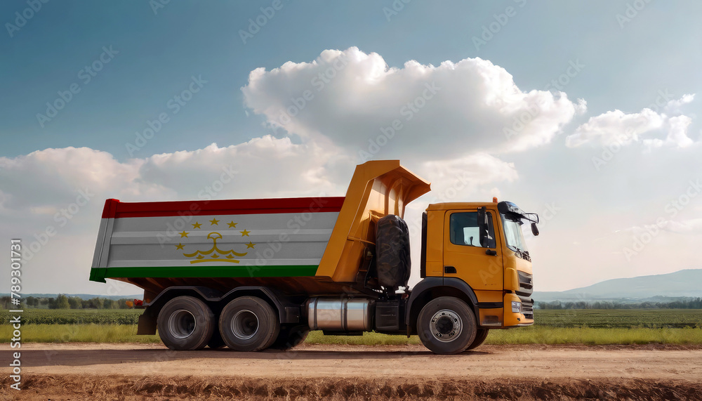 A truck adorned with the Tajikistan flag parked at a quarry, symbolizing American construction. Capturing the essence of building and development in the Tajikistan