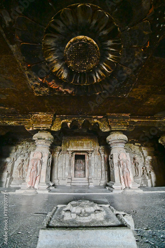 Interior view of one of the Ellora caves depicting the intricate carvings and architecture, India.