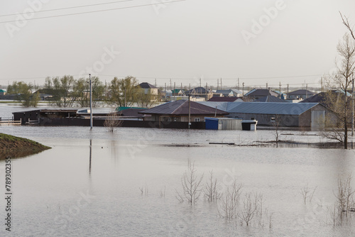 Flood in Kazakhstan. A flooded area of the city. Flooded private houses as a result of flooding.