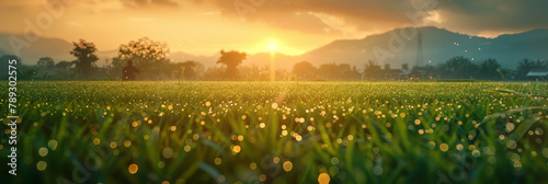 Close up of grass field with setting sun suitable for naturethemed designs, inspirational content, backgrounds, and relaxationthemed projects. photo