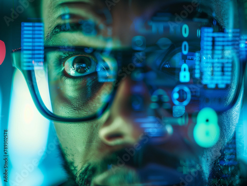 portrait of a person looking at monitor, cybersecurity concept, ai photo