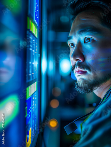 portrait of a person looking at monitor, cybersecurity concept, ai photo