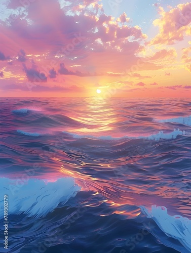 A Serene Ocean Sunset with Vibrant Hues and Rippling Waves