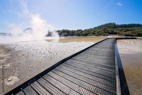 geothermal area region, Rotorua New Zealand, wheelchair pram accessible walkway, boiling mud sulphur sulfur steam, rotten egg smell, vacation family holiday experience