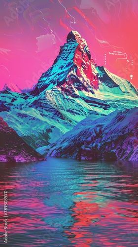 A digital artwork of a mountain peak with vibrant neon colors reflecting on a tranquil lake surface, exuding a psychedelic feel.