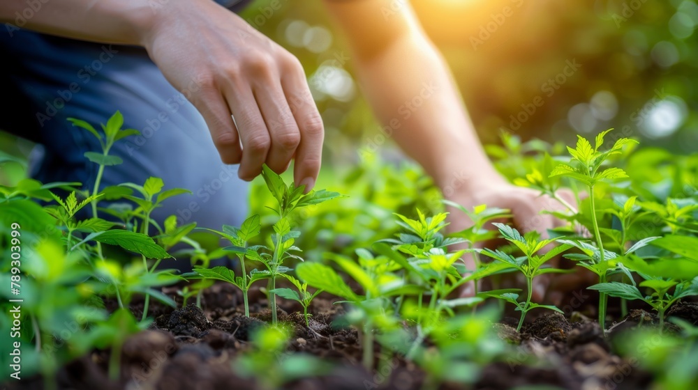 Fototapeta premium Young man working on plantation organic marijuana plants, sunlight, medical cannabis concept, alternative medicine, banner, copy space