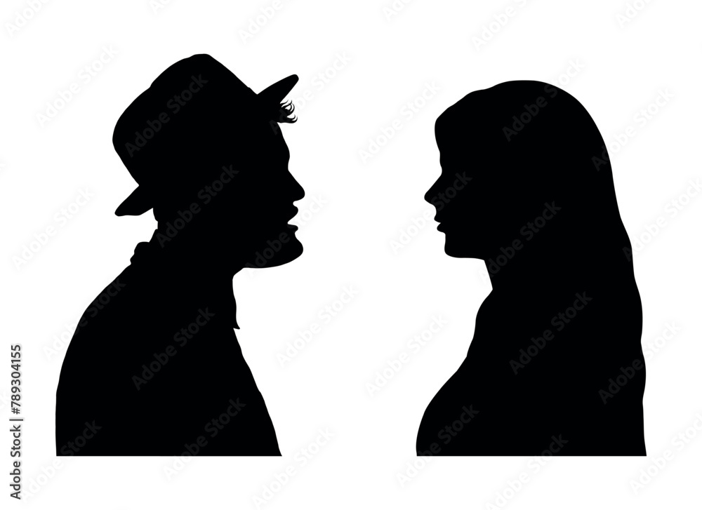Couple staring facing each other and talking vector black silhouette. Couple staring facing each other and talking vector black silhouette.