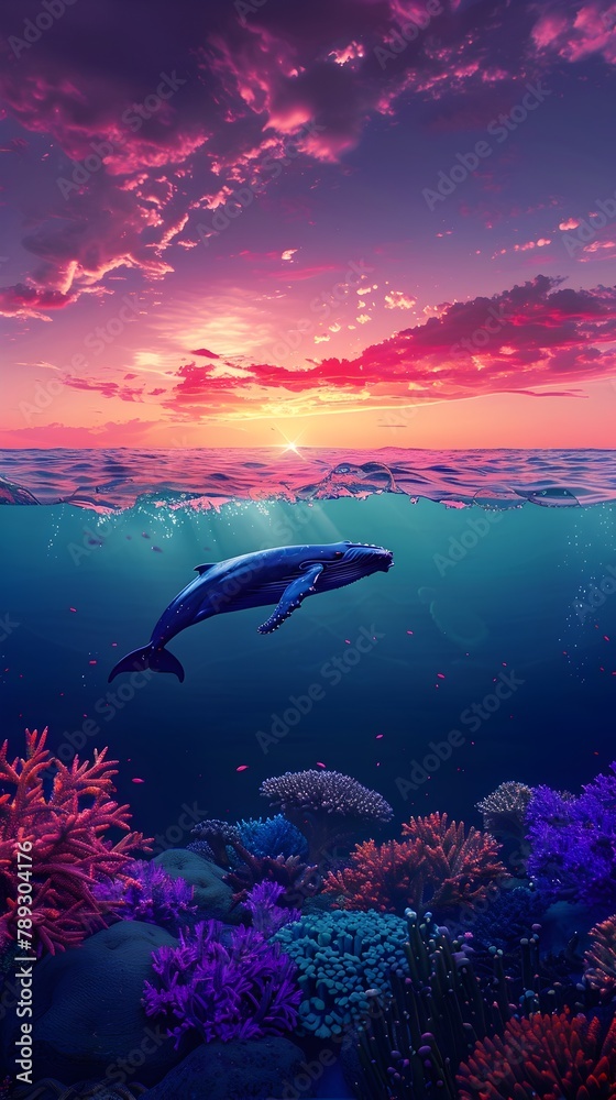 Breathtaking Sunset Over a Vibrant Underwater Seascape with a Majestic Breaching Whale Breathtaking Sunset Over a Vibrant Underwater Seascape with a Majestic Breaching Whale
