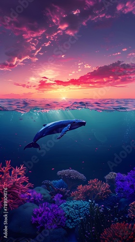 Breathtaking Sunset Over a Vibrant Underwater Seascape with a Majestic Breaching Whale