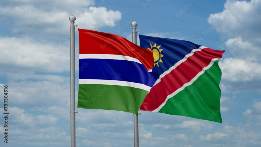 Gambia and Namibia two flags waving together, looped video, two country relations concept Gambia and Namibia two flags waving together, looped video, two country relations concept