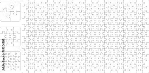 Vector jigsaw puzzles pieces mockup illustration, isolated on white backgroun.
