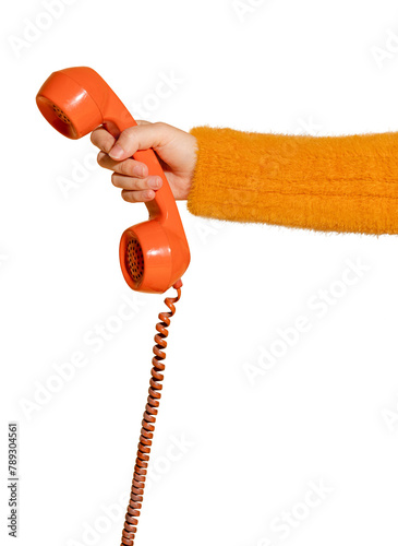 Fotografija Woman answering a corded retro phone design element