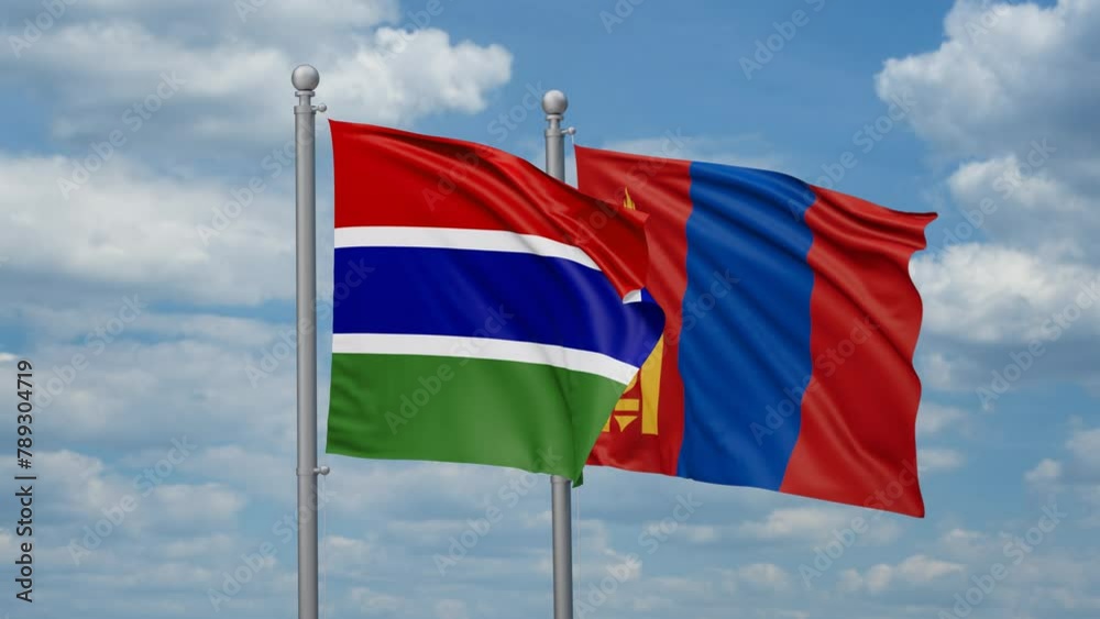 Mongolia and Gambia two flags waving together, looped video, two country cooperation concept Mongolia and Gambia two flags waving together, looped video, two country cooperation concept