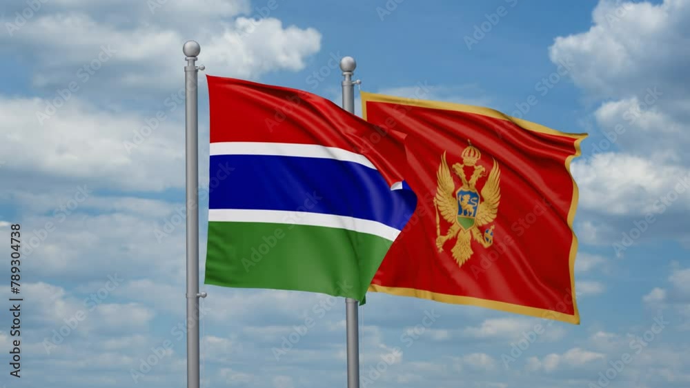 Montenegro and Gambia two flags waving together, looped video, two country cooperation concept Montenegro and Gambia two flags waving together, looped video, two country cooperation concept