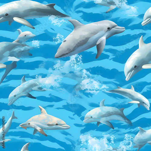 Seamless pattern with dolphins in the ocean. Vector illustration.