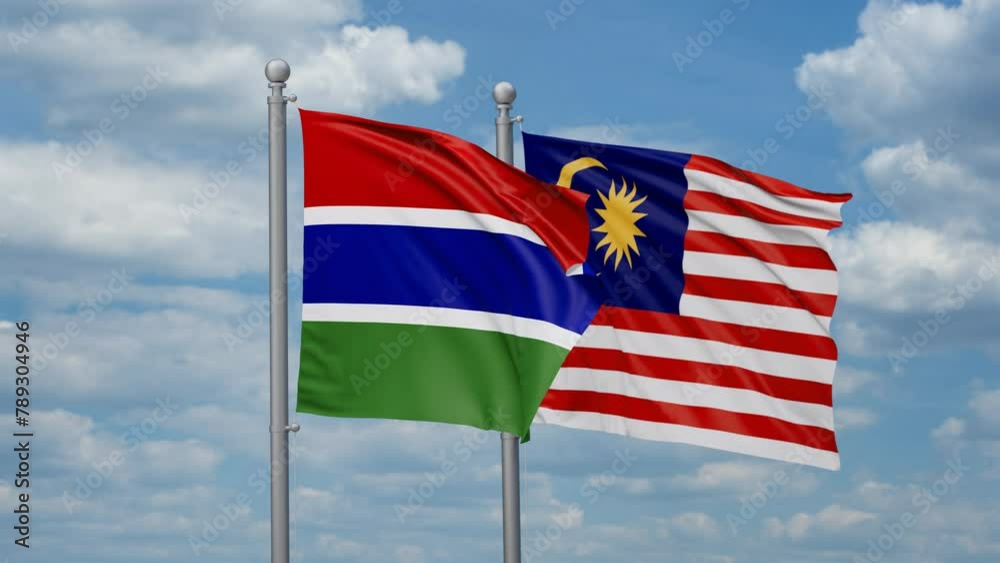 Malaysia and Gambia two flags waving together, looped video, two country cooperation concept Malaysia and Gambia two flags waving together, looped video, two country cooperation concept