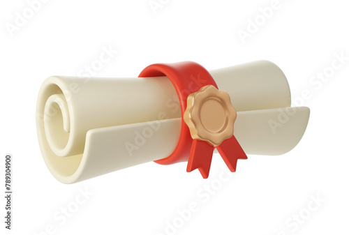 3d illustration of Degree Diploma or graduation scroll with red ribbon Icon. Render Education paper element for decoration poster, banner