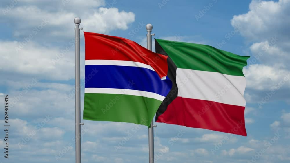Kuwait and Gambia two flags waving together, looped video, two country cooperation concept
