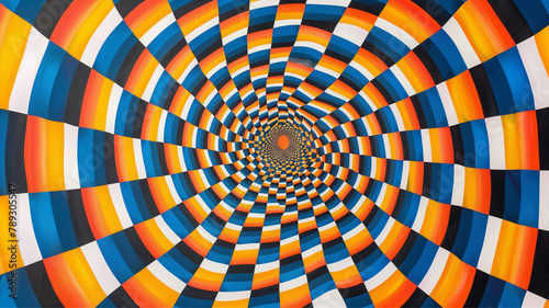 Abstract retro psychedelic optical illusion, checker optical illusion game of motion colorful squares , visual hypnotic effect 