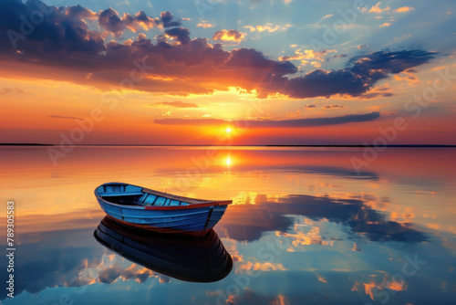 old wooden boat on calm water at sunset, reflecting the sky in beautiful colors © Rangga Bimantara