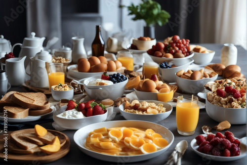 table spread Huge healthy breakfast