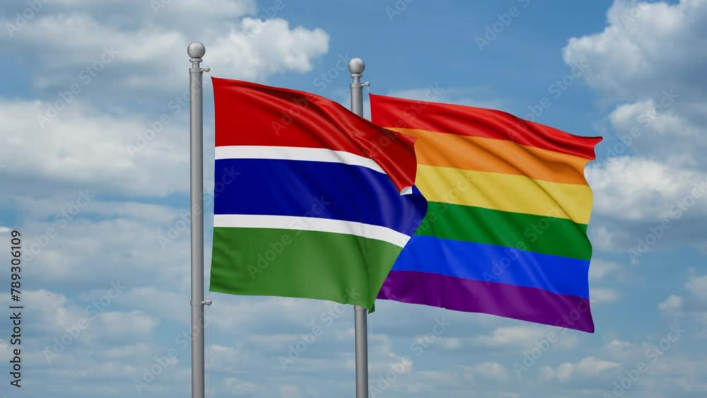 LGBT movement flag also Gay Pride and Gambia two flags waving cycle looped video, tolerance conception in country