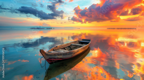 old wooden boat on calm water at sunset, reflecting the sky in beautiful colors