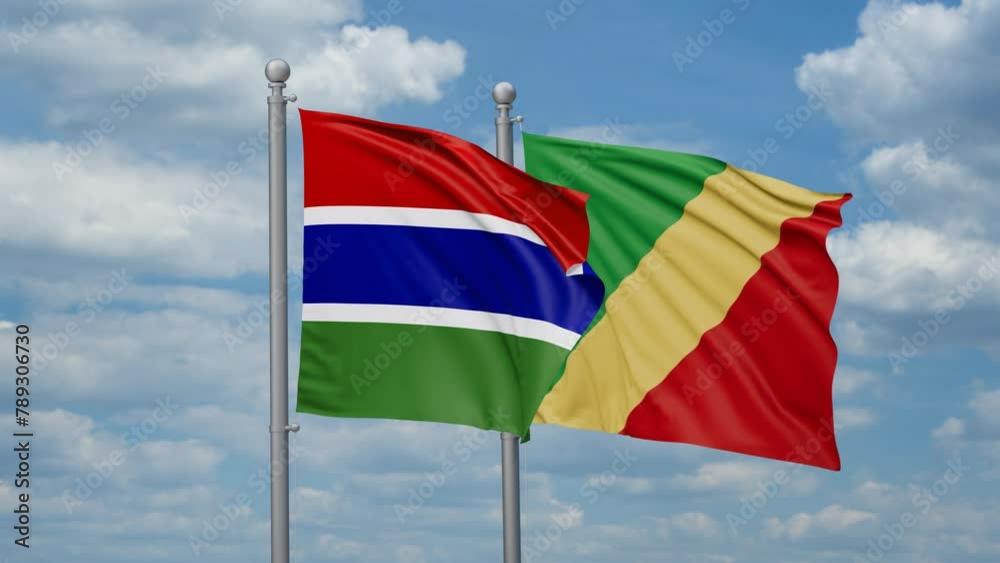 Republic of the Congo and Gambia two flags waving together, looped video, two country relations concept