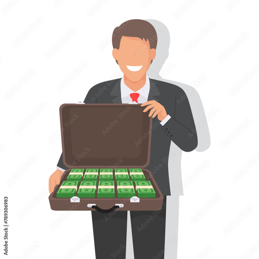 Businessman with a suitcase full of money on white background.
Flat, Vector, Illustration, Cartoon, EPS10. Businessman with a suitcase full of money on white background.
Flat, Vector, Illustration, Cartoon, EPS10.