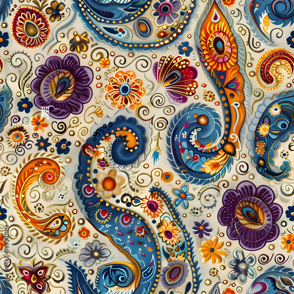 Paisley Background Seamless Pattern with Vibrant Colors, Modern Design for Chic Tiles and Colorful Wallpaper, Elegant Vintage Paisley Patterns, Floral Swirls in Stylish Decoration and Fashion Design. Paisley Background Seamless Pattern with Vibrant Colors, Modern Design for Chic Tiles and Colorful Wallpaper, Elegant Vintage Paisley Patterns, Floral Swirls in Stylish Decoration and Fashion Design.