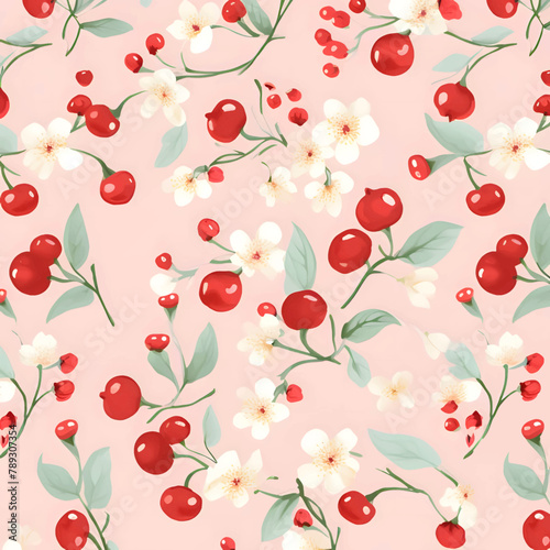 Seamless pattern with cherry and jasmine flowers. Vector illustration.