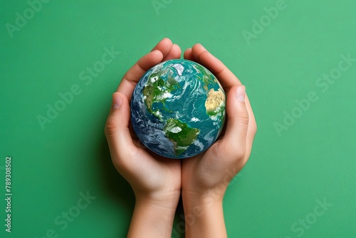 Caring hands hold miniature Earth on vivid blue background with space for text. AI Image