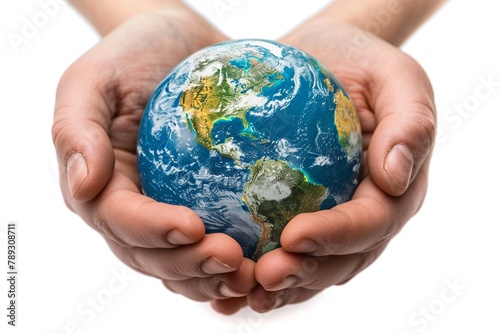 Caring hands hold miniature Earth on vivid green background with space for text. AI Image